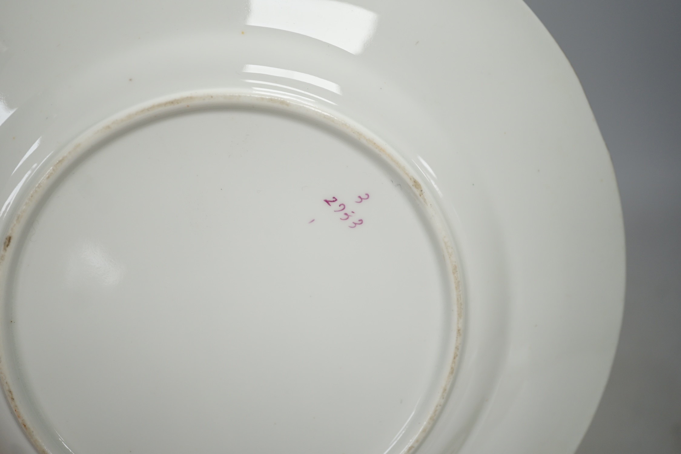 A group of English porcelain green ground dessert plates and dishes, largest 24cm diameter. Condition - fair